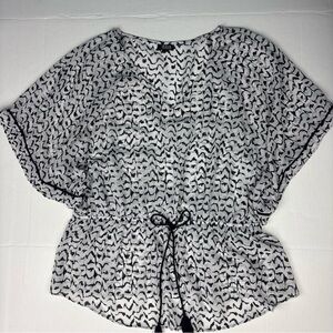 A New Approach Women's XL Shirt Black White Tie Waist Dolman Sheer Polyester
